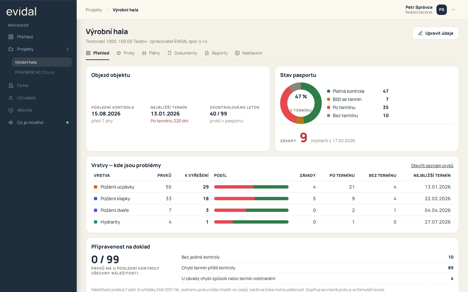 Webová aplikace Evidal - přehled projektu se stavem pasportu, termíny kontrol a závadami po vrstvách