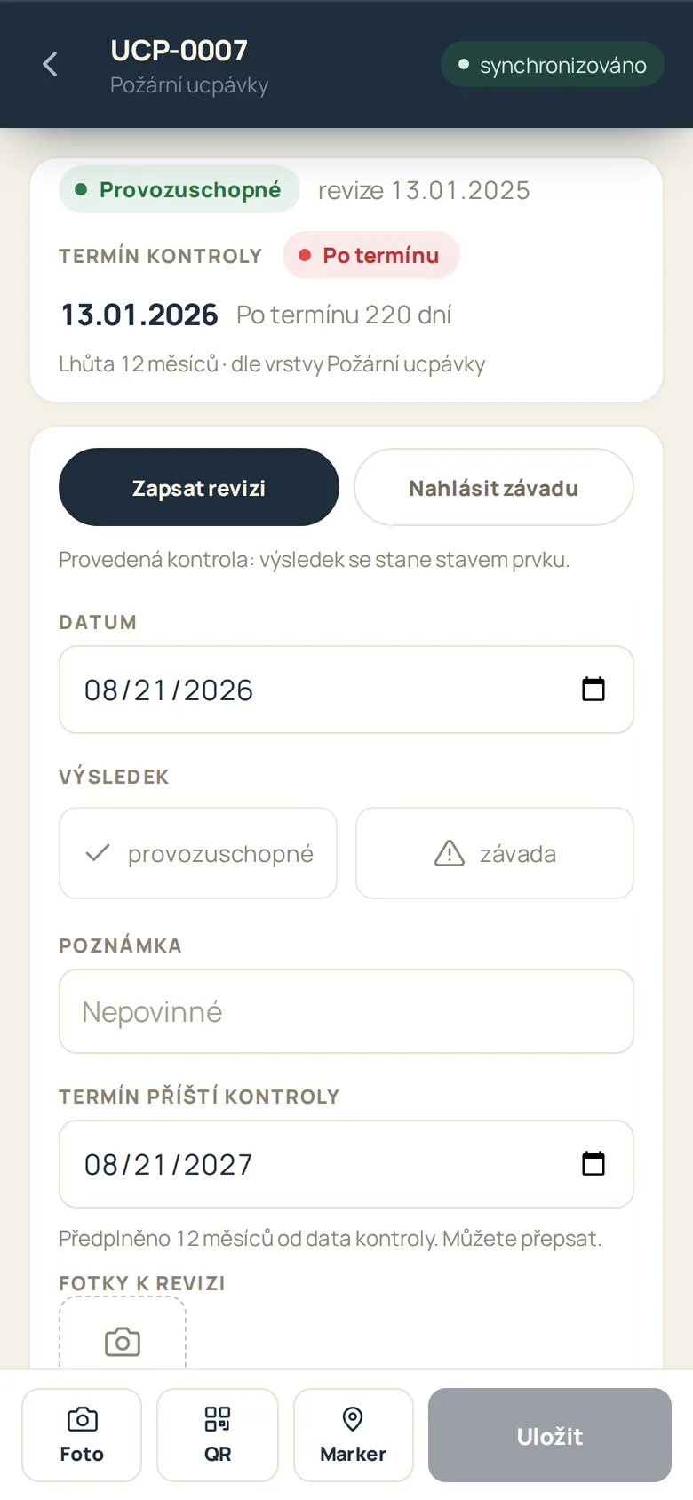 Mobilní aplikace Evidal - karta požární ucpávky se zápisem revize a termínem kontroly