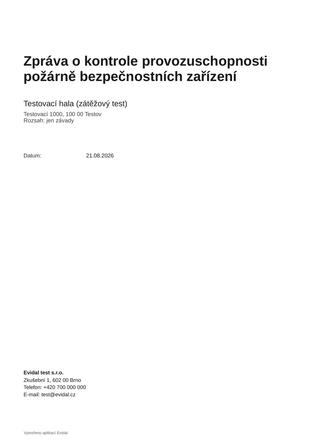 První strana PDF zprávy o kontrole provozuschopnosti z Evidalu