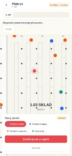 Mobilní aplikace Evidal - půdorys skladu ve stavu offline s neodeslanou změnou