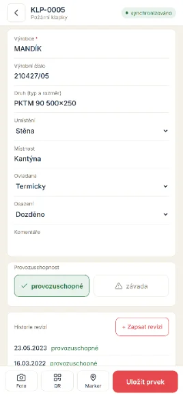 Mobilní aplikace Evidal - karta požární klapky s formulářem a historií revizí